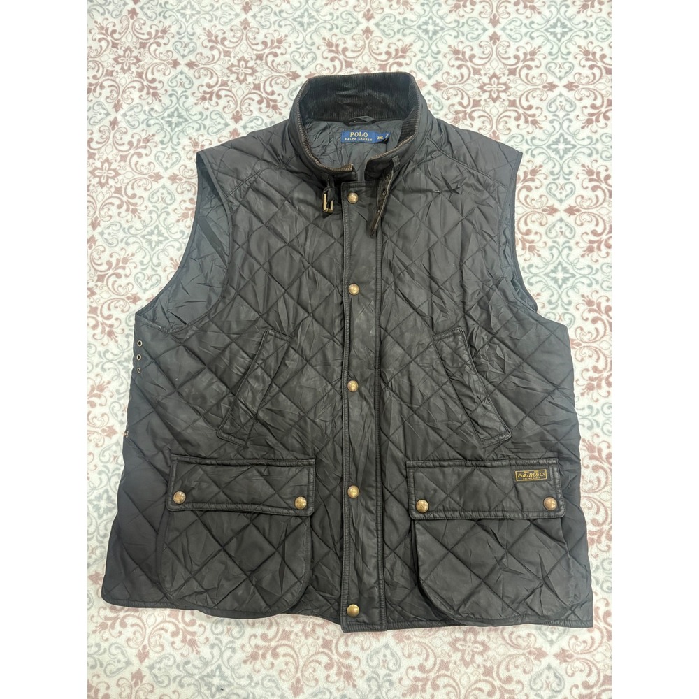 Polo Ralph Lauren Mens XXL Black Quilted Vest Corduroy Trim Leather Detail Pufer